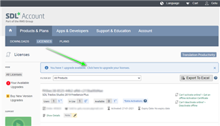 Screenshot of Trados Studio account page showing available licenses with a green checkmark indicating a successful upgrade to Studio 2021.