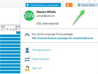 Trados Studio user interface showing a logged-in user, Steven Whale, with an active Language Cloud package for SDL Account.