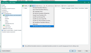 Trados Studio project settings window with a dropdown menu for Machine Translation Providers, including SDL Language Cloud and SDL Machine Translation Cloud.
