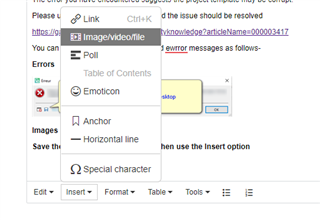 Trados Studio screenshot showing the Insert option in the toolbar with an error message popup instructing to save the image to desktop.