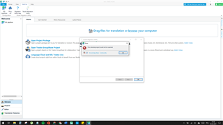 Trados Studio screenshot showing an error message 'No language pairs available' with an empty project list in the background.