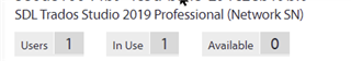 Screenshot showing SDL Trados Studio 2019 Professional license details with 1 user, 1 in use, and 0 available.