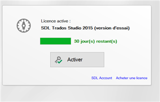 SDL Trados Studio 2015 activation window showing a 30-day trial version with 30 days remaining and an 'Activate' button.