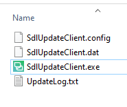 Screenshot showing a folder with files named SdlUpdateClient.config, SdlUpdateClient.dat, SdlUpdateClient.exe, and UpdateLog.txt.