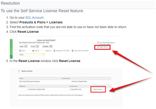 Screenshot showing steps to use the Self Service License Reset feature in Trados Studio, highlighting the 'Reset License' link.