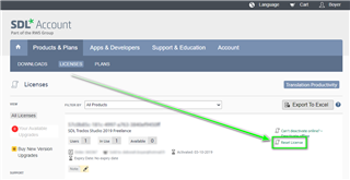 SDL Account webpage showing the Licenses tab with an arrow pointing to the 'Reset License' option for Trados Studio 2019 Freelance.