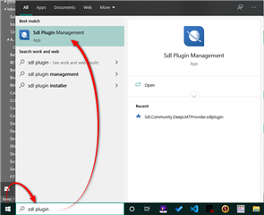 Windows search bar showing 'sdl plugin management' with the SDL Plugin Management app highlighted and a red arrow pointing to it.