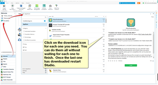 Screenshot of a file explorer window with a red arrow pointing to the download icon and a text box instructing to click on the download icon for each plugin and restart Studio after the last one has downloaded.