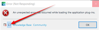 Trados Studio error dialog box showing 'Error (Not Responding)' with a message 'An unexpected error has occurred while loading the application plug-ins.' and a Knowledge Base Community link.
