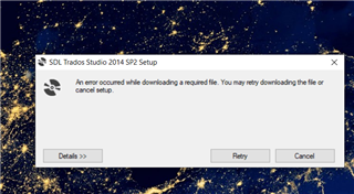 SDL Trados Studio 2014 SP2 Setup error dialog box with message 'An error occurred while downloading a required file. You may retry downloading the file or cancel setup.' with options to Retry or Cancel.