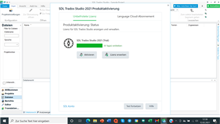 Screenshot of Trados Studio 2021 Product Activation window showing a green checkmark and text 'SDL Trados Studio 2021 - Activated', with options to deactivate or license overview.