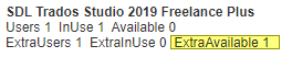 SDL Trados Studio 2019 Freelance Plus license information showing 1 user in use, 0 available, and 1 extra available.