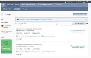 Trados Studio account page showing available licenses for Jeff Gabbitas with no visible errors or warnings.