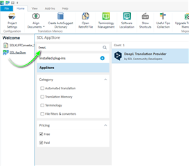 Trados Studio 2021 interface showing the SDL AppStore tab with DeepL Translator Provider highlighted and a search bar indicating 'DeepL Translation Provider'.