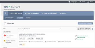 Screenshot of SDL Account page showing Trados Studio license activated with options to view details, deactivate, and download.