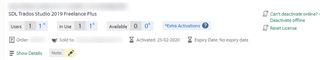 Trados Studio 2019 Freelance Plus license section showing 1 user, 2 total licenses, 2 in use, 0 available, with a warning 'Can't deactivate online? Deactivate offline' and a 'Return License' button.