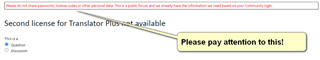 Trados Studio warning message stating 'Second License for Translator Plus not available' with a yellow tooltip saying 'Please pay attention to this!'