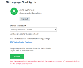 SDL Language Cloud sign-in page showing Aline Zychowicz's account with an error message stating 'Your Language Cloud account has reached the maximum number of registered devices for the current subscription.'