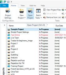 Trados Studio screenshot showing the 'Projects' view with a list of projects, including 'Sample Project' and 'Test Online', all marked as 'In Progress' with no due dates.
