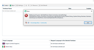 Error message in Trados Studio 2019 stating 'Method not found: Sdl.MultiTerm.Client.Common.Settings.StringSetting, System.String, Boolean, Boolean'. Below is a link to Knowledge Base Community and an OK button.
