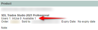 Screenshot of Trados Studio product details showing 'SDL Trados Studio 2021 Professional' with 'Users 1 InUse 0 Available 1', indicating one available license.