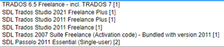 List of Trados Studio licenses including Trados 6.5 Freelance, Studio 2021 Freelance Plus, Studio 2011 Freelance Plus, Studio 2011 Freelance, and 2007 Suite Freelance with activation code bundled with version 2011.