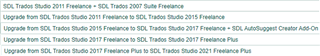 User's Trados Studio order history showing upgrades from Studio 2011 Freelance to Studio 2015 Freelance, then to Studio 2017 Freelance Plus, and finally to Studio 2021 Freelance Plus.