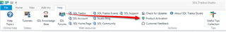 Trados Studio menu bar with a red arrow pointing to the 'Help' menu option, indicating where to find 'Product Activation'.