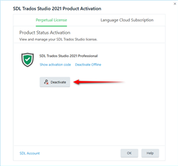 SDL Trados Studio 2021 Product Activation window with a green checkmark indicating active status and a red arrow pointing to the 'Deactivate' button.