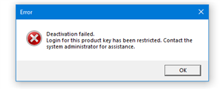 Error message window showing 'Deactivation failed. Login for this product key has been restricted. Contact the system administrator for assistance.' with an OK button.