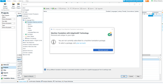 Screenshot of Trados Studio displaying an error message: 'Machine Translation with AdaptiveMT Technology. Personal and unique to your style. You need a validly subscribed machine translation package. Visit your account.' with an 'OK' button.