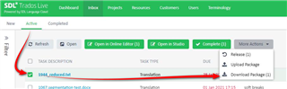 Trados Live dashboard showing an active task with options to refresh, open, complete, and more actions including 'Download Package' highlighted.