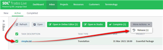 Trados Live dashboard displaying an active project with options such as refresh, open, and complete, with 'Release' highlighted under more actions.