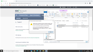 Error message on Trados Studio 3 stating 'An error occurred while trying to access the service. Please make sure you are connected to the internet.' with an 'OK' button.