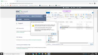 SDL Trados Studio update error message overlaying the SDL Account webpage, indicating an automatic update failure.