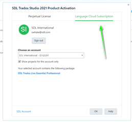 Trados Studio 2021 Product Activation window showing Language Cloud Subscription option selected with an arrow pointing towards it.
