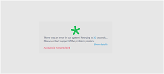 Error message on Trados Studio login screen stating 'There was an error in our system! Retrying in 10 seconds... Account not provided' with an option to show details.