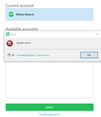 Popup window on Trados Studio showing 'System error' with William Roberts' account selected in the background.