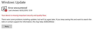 Windows Update error message stating 'Your device is missing important security and quality fixes' with error code 0x8024002e.