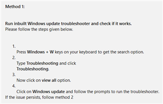 Instructions for running the inbuilt Windows update troubleshooter, including steps to access the troubleshooting option.