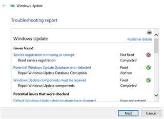 Windows Update troubleshooting report showing issues found, with 'Service registration is missing or corrupt' not fixed.