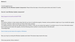 Method 2 instructions for manually resetting Windows Update components, with a note about modifying the registry.