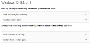 Microsoft support page with options to back up the registry manually or create a system restore point.