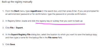 Detailed steps for backing up the registry manually, including accessing the registry editor and exporting a registry file.