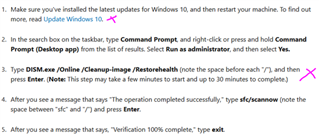 Screenshot of Windows 10 update instructions with highlighted text indicating an error when entering the DISM.exe command, and a cross mark indicating the step could not be completed.