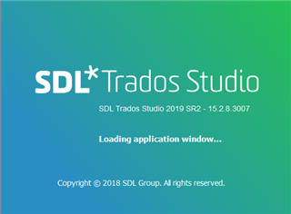 SDL Trados Studio splash screen displaying version 2019 SR2 - 15.2.8.3007 and message 'Loading application window...'.
