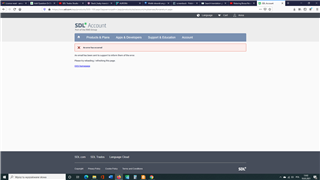 SDL Account webpage with an error message stating 'An error has occurred while deactivating your license. Please try refreshing the page or contact support.'