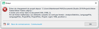 Error message in Trados Studio stating 'Failure to load project file' with a path to the file and an XML error at line 199, position 2.