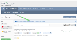 Trados Studio account page with a notification stating 'You have 1 upgrade available. Click here to upgrade your licenses.' and a list of products including SDL Trados Studio 2019 Freelance Plus.