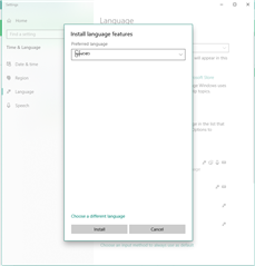 Windows Settings window with 'Install Language Features' dialog open, showing a dropdown menu with 'Burmese' selected.